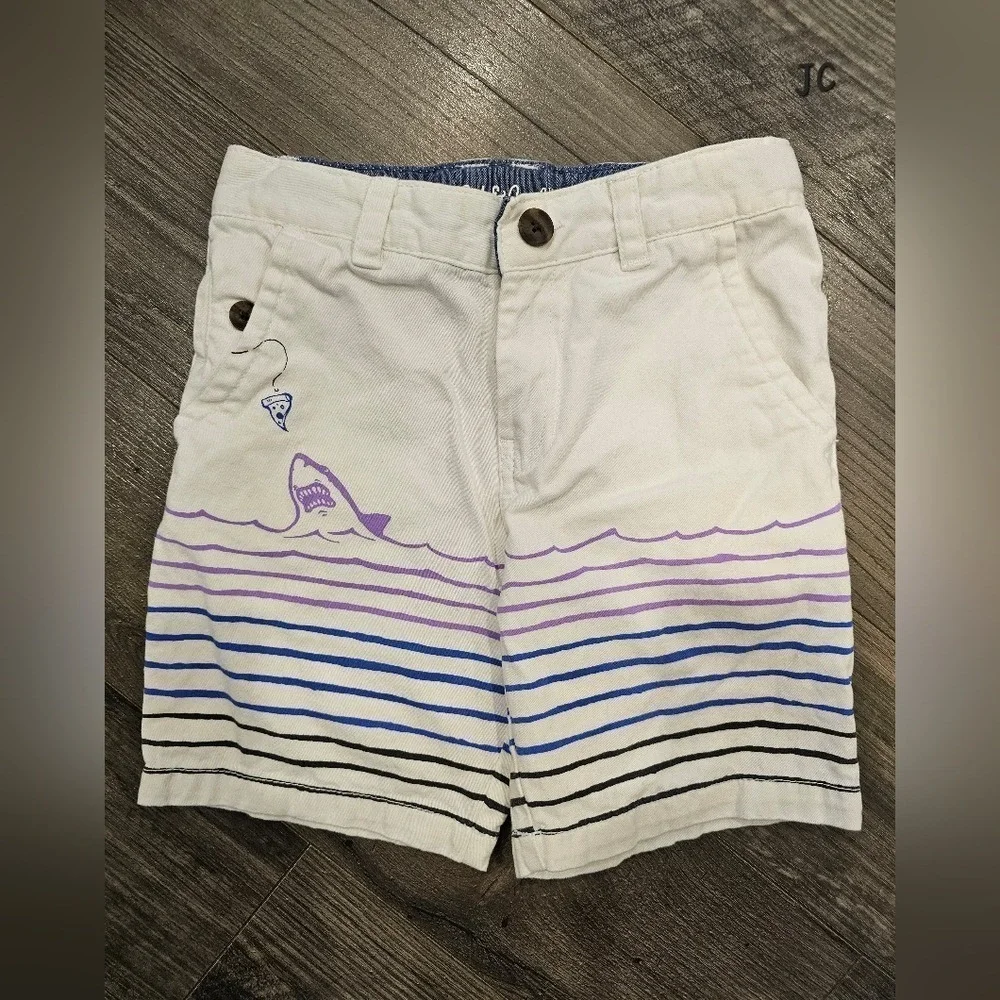 Kid's sz 6 White Denim Shark Pizza‎ Graphic Striped Chino Shorts Animal Beach